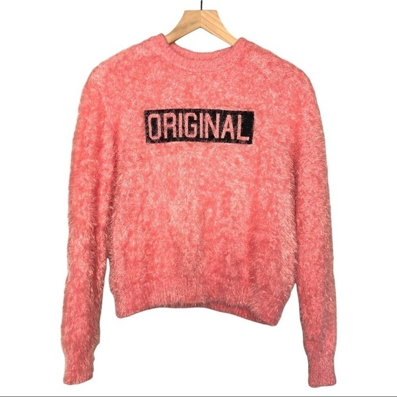 H&M DIVIDED Bubblegum Pink‎ Fuzzy “Original” Graphic Cozy Eyelash Sweater Size S - Picture 3 of 6